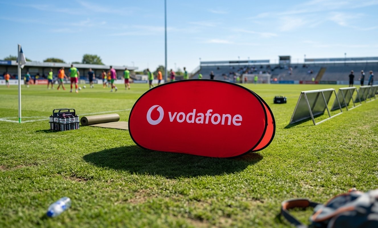 Pop-Out Banner (A-Frame) am Spielfeldrand – bodennaher Branding-Impact und schneller Aufbau