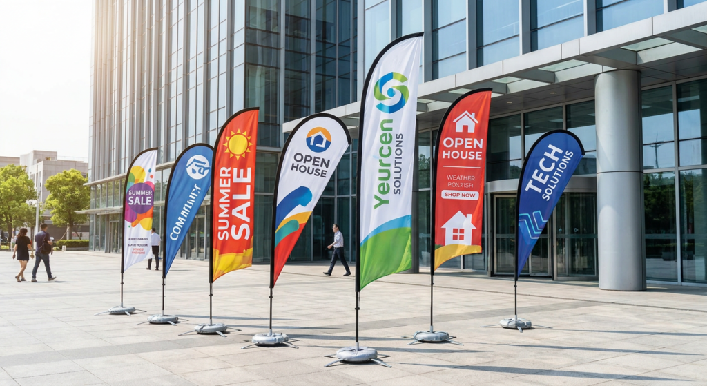 Professionell bedruckte Beachflags (Federfahnen und Tropfenfahnen) im Outdoor-Einsatz