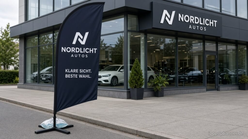 Feder-Beachflag Komplettset mit Kreuzfuß und Wasserbeutel vor Autohaus, Logo auf der Druckfläche