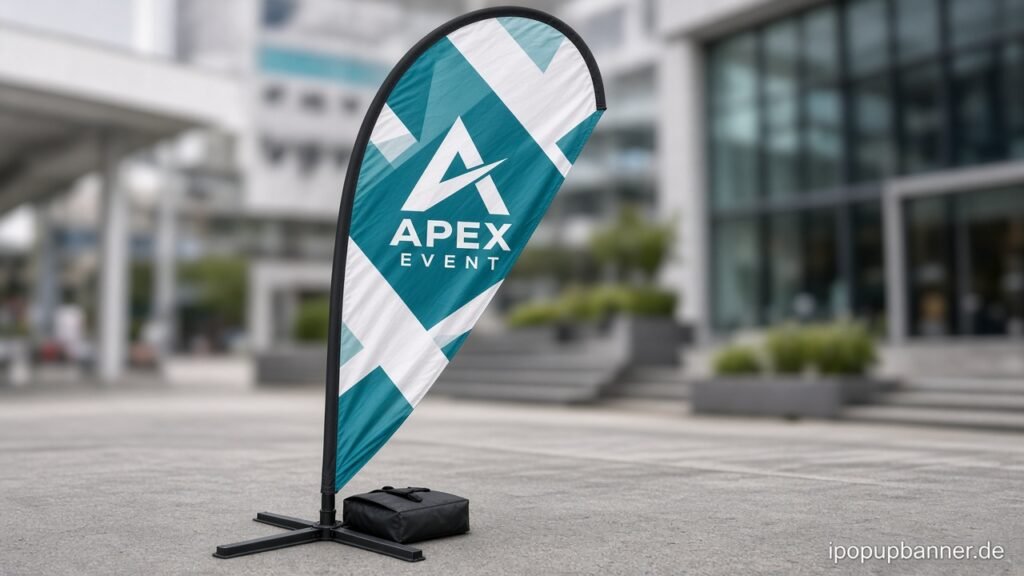 Tropfen-Beachflag mit geschlossener Silhouette, Kreuzfuß und Wasserbeutel auf Pflasterplatz vor Messe/Plaza, Logo auf der Druckfläche
